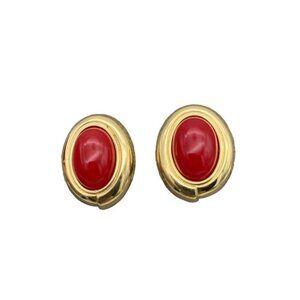 Monet Vintage Dome Gold Tone Red Gemstone Cabochon Earrings Clip on